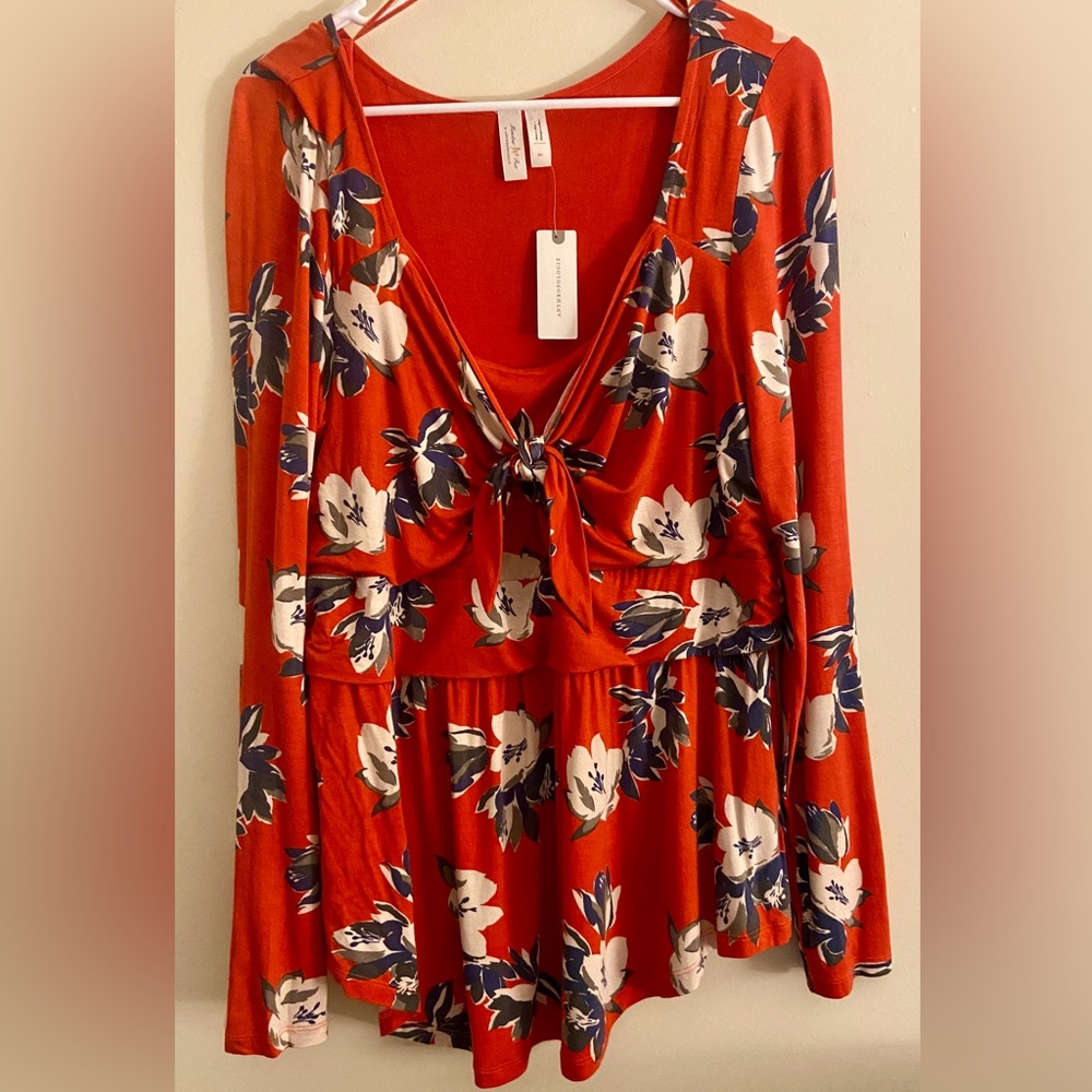 Anthropologie Meadow Rue Josalyn Top XL Floral Scoop Neck Tie-Front Peplum NWT